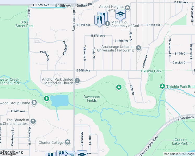map of restaurants, bars, coffee shops, grocery stores, and more near 2442 Oak Drive in Anchorage