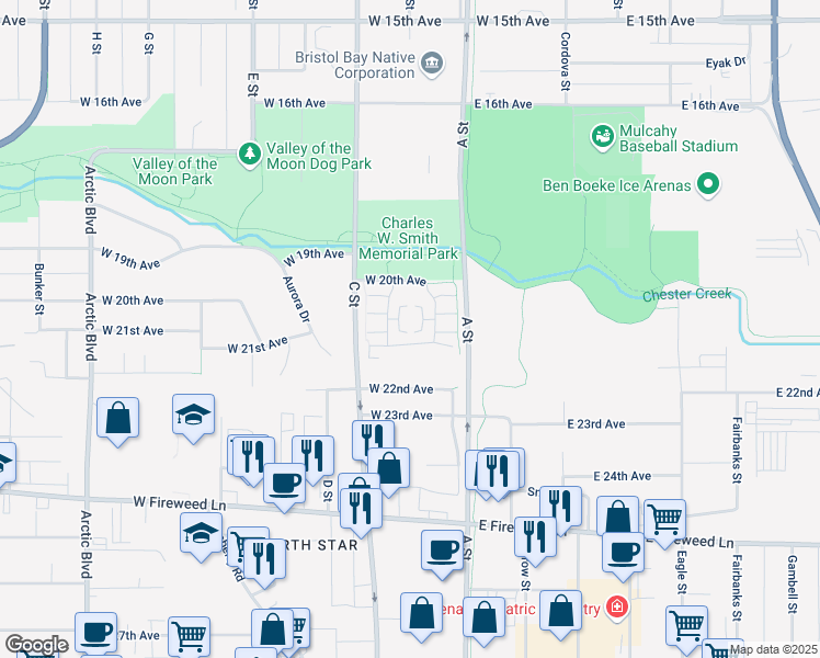 map of restaurants, bars, coffee shops, grocery stores, and more near 203 Clover Hollow Court in Anchorage