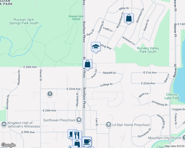 map of restaurants, bars, coffee shops, grocery stores, and more near 5526 Penn Circle in Anchorage