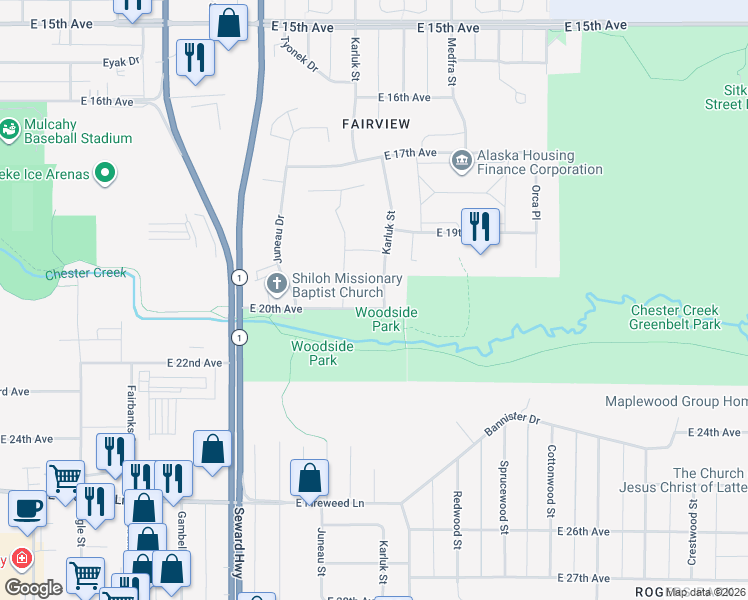 map of restaurants, bars, coffee shops, grocery stores, and more near 1019 East 20th Avenue in Anchorage