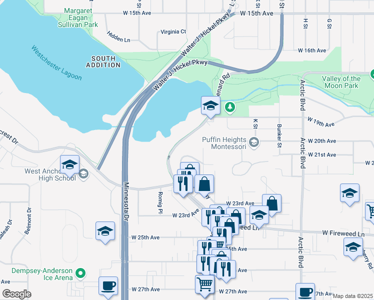 map of restaurants, bars, coffee shops, grocery stores, and more near 1321 Hillcrest Drive in Anchorage