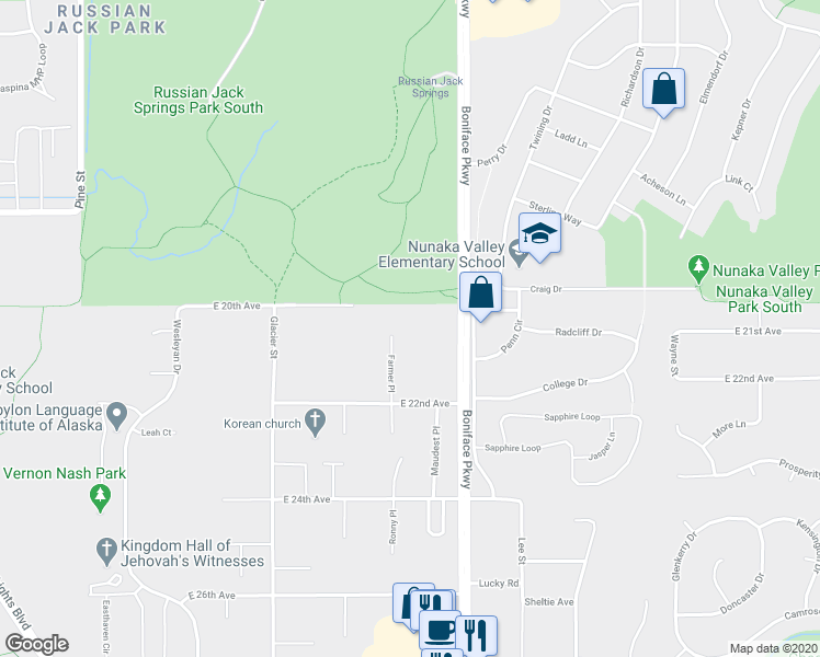 map of restaurants, bars, coffee shops, grocery stores, and more near 2105 Farmer Place in Anchorage