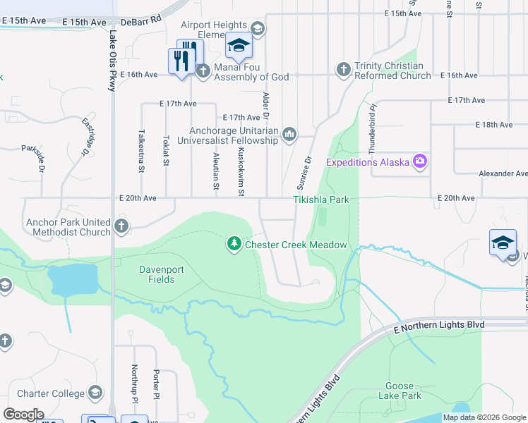 map of restaurants, bars, coffee shops, grocery stores, and more near 2125 Alder Drive in Anchorage