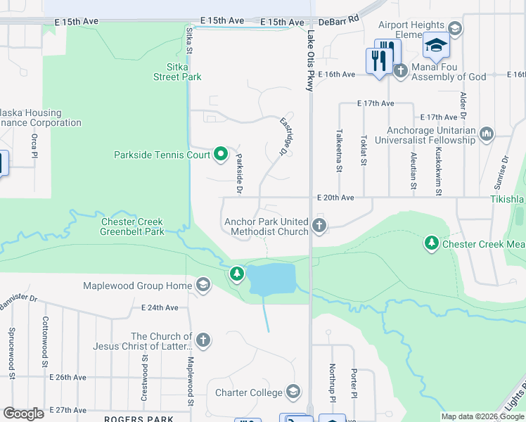 map of restaurants, bars, coffee shops, grocery stores, and more near 2244 Knoll Circle in Anchorage