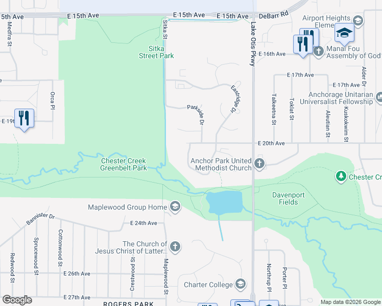 map of restaurants, bars, coffee shops, grocery stores, and more near 2055 Cliffside Drive in Anchorage