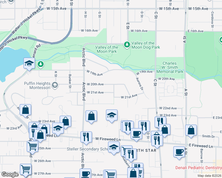 map of restaurants, bars, coffee shops, grocery stores, and more near 2100 Blueberry Street in Anchorage