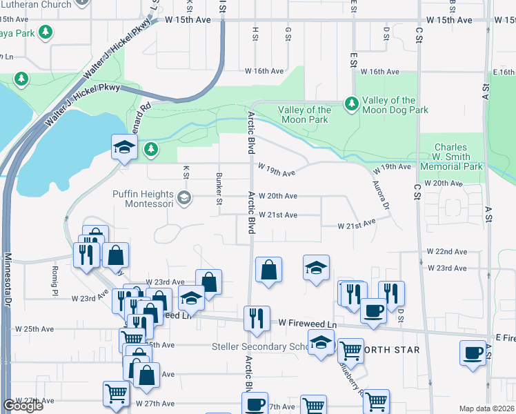 map of restaurants, bars, coffee shops, grocery stores, and more near 2124 Arctic Boulevard in Anchorage