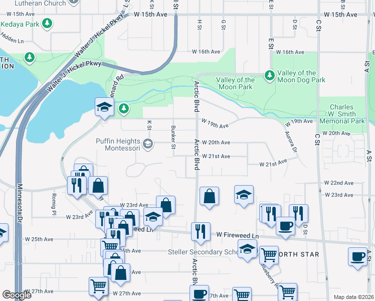 map of restaurants, bars, coffee shops, grocery stores, and more near 2124 Arctic Boulevard in Anchorage