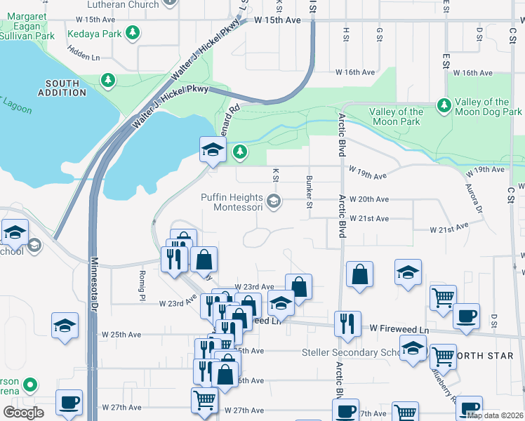 map of restaurants, bars, coffee shops, grocery stores, and more near 1037 Potlatch Circle in Anchorage