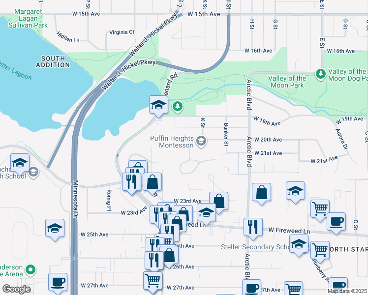 map of restaurants, bars, coffee shops, grocery stores, and more near 1075 Potlatch Circle in Anchorage