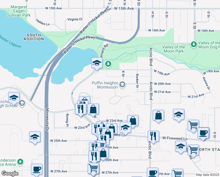 map of restaurants, bars, coffee shops, grocery stores, and more near 1075 Potlatch Circle in Anchorage