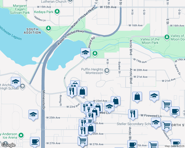 map of restaurants, bars, coffee shops, grocery stores, and more near 1075 Potlatch Circle in Anchorage