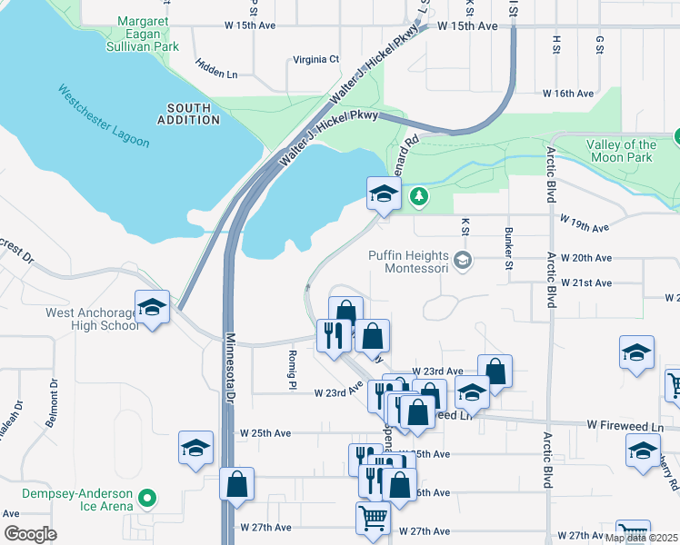 map of restaurants, bars, coffee shops, grocery stores, and more near 1321 Hillcrest Drive in Anchorage