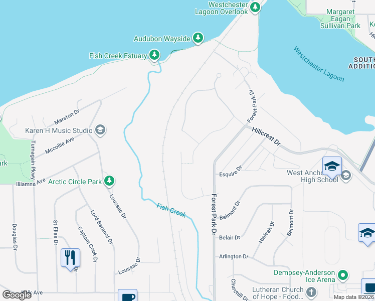 map of restaurants, bars, coffee shops, grocery stores, and more near 2121 Atwood Drive in Anchorage