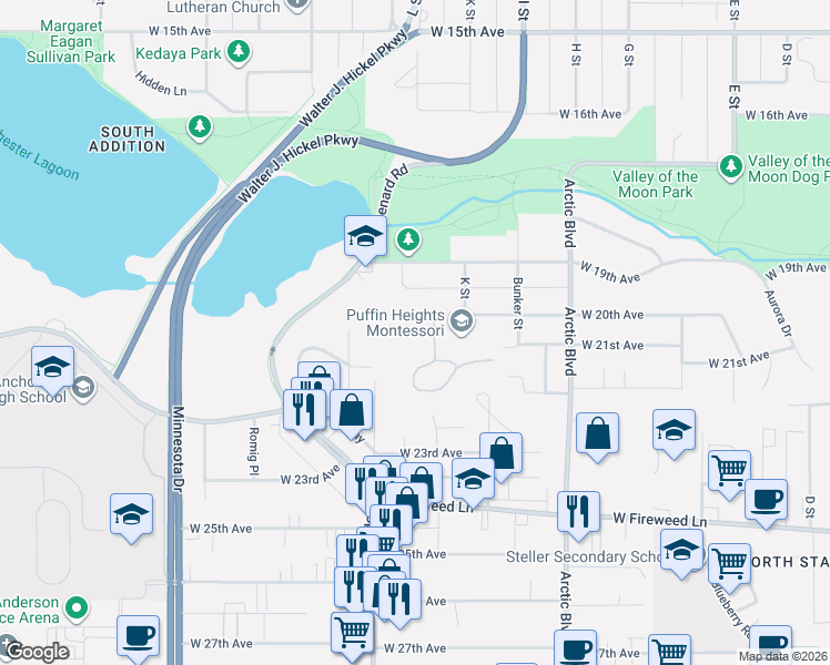 map of restaurants, bars, coffee shops, grocery stores, and more near 1075 Potlatch Circle in Anchorage