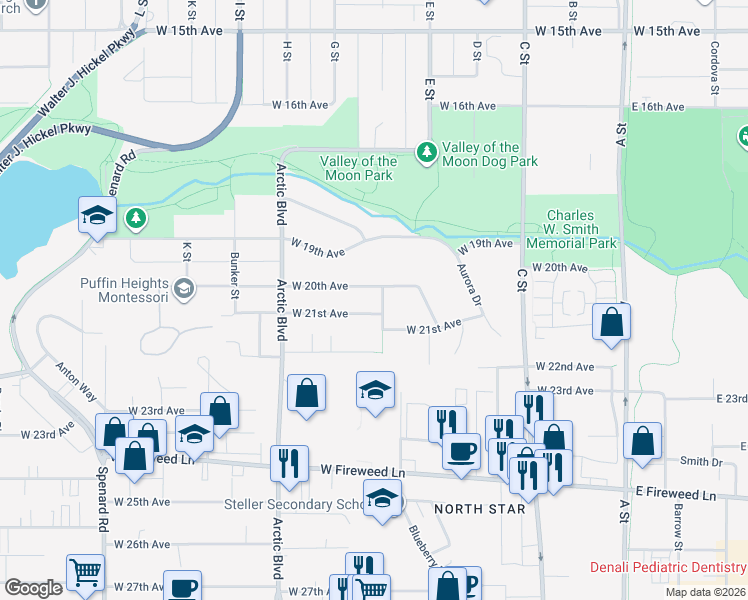 map of restaurants, bars, coffee shops, grocery stores, and more near 2100 Blueberry Street in Anchorage