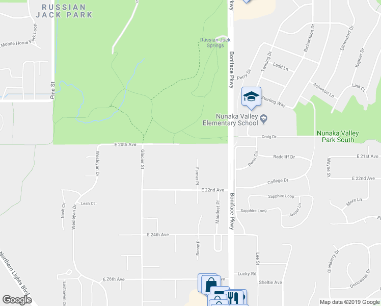 map of restaurants, bars, coffee shops, grocery stores, and more near 2020 Farmer Place in Anchorage
