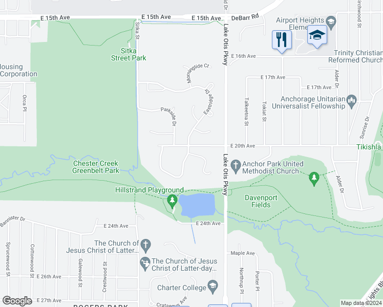 map of restaurants, bars, coffee shops, grocery stores, and more near 2045 Eastridge Drive in Anchorage