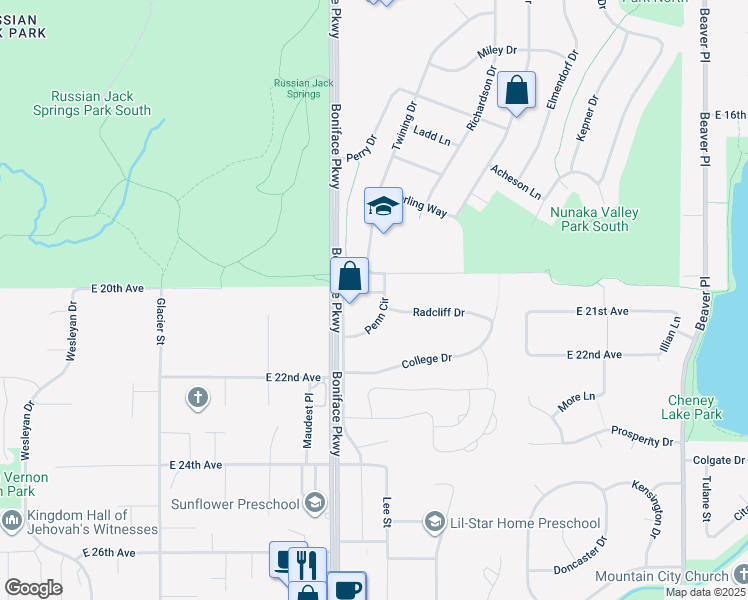 map of restaurants, bars, coffee shops, grocery stores, and more near 1905 Twining Drive in Anchorage