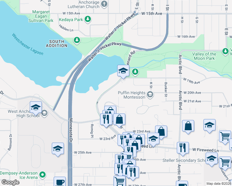 map of restaurants, bars, coffee shops, grocery stores, and more near 1925 Spenard Road in Anchorage