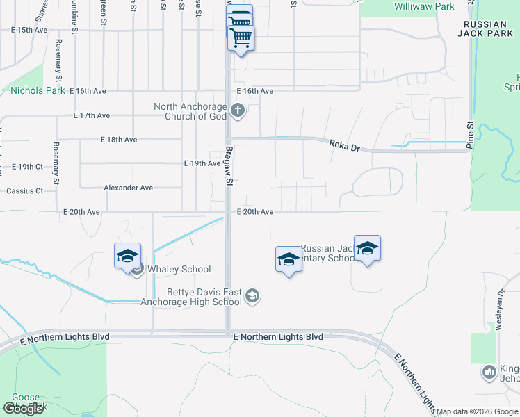 map of restaurants, bars, coffee shops, grocery stores, and more near 3901 East 20th Avenue in Anchorage