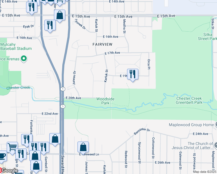 map of restaurants, bars, coffee shops, grocery stores, and more near 1917 Karluk Street in Anchorage
