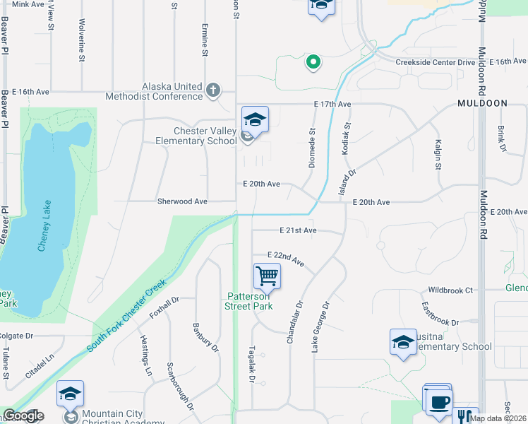 map of restaurants, bars, coffee shops, grocery stores, and more near 2011 Paxson Drive in Anchorage