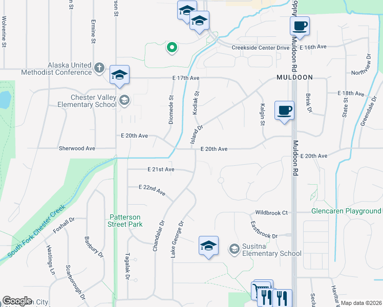 map of restaurants, bars, coffee shops, grocery stores, and more near 7406 Island Drive in Anchorage