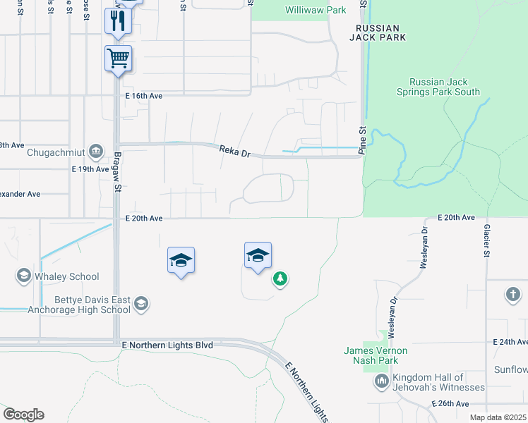 map of restaurants, bars, coffee shops, grocery stores, and more near 4364 Reka Drive in Anchorage