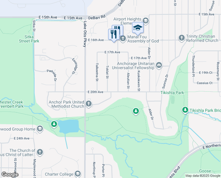 map of restaurants, bars, coffee shops, grocery stores, and more near 1912 Toklat Street in Anchorage