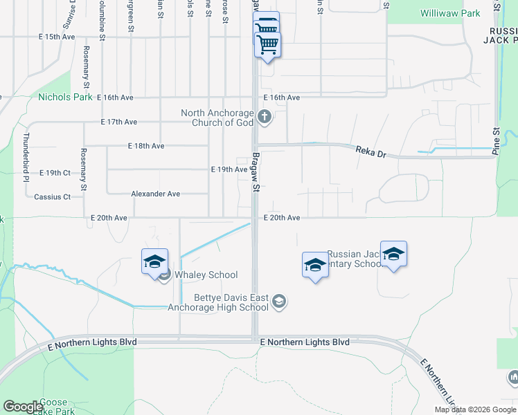 map of restaurants, bars, coffee shops, grocery stores, and more near 1901 Bragaw Street in Anchorage
