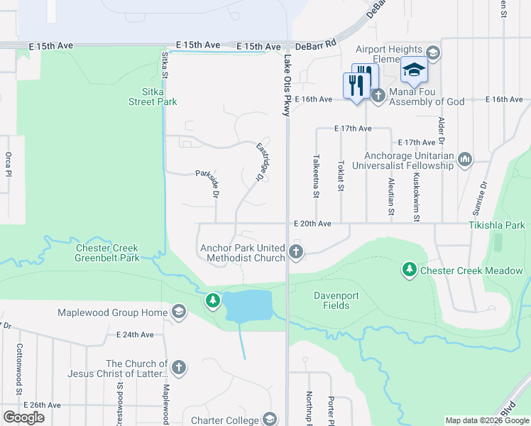 map of restaurants, bars, coffee shops, grocery stores, and more near 2234 Daybreak Court in Anchorage