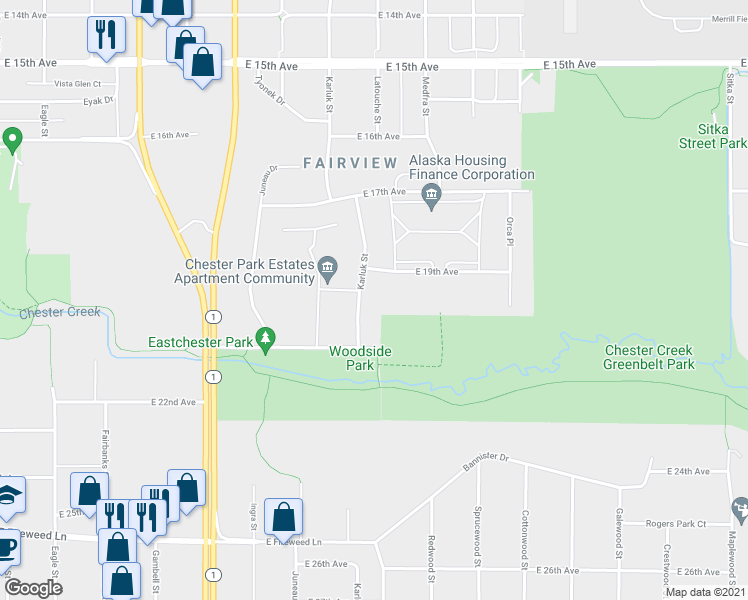 map of restaurants, bars, coffee shops, grocery stores, and more near 1917 Karluk Street in Anchorage