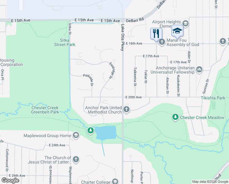 map of restaurants, bars, coffee shops, grocery stores, and more near 2234 Daybreak Court in Anchorage