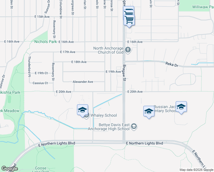 map of restaurants, bars, coffee shops, grocery stores, and more near 1953 Norene Street in Anchorage
