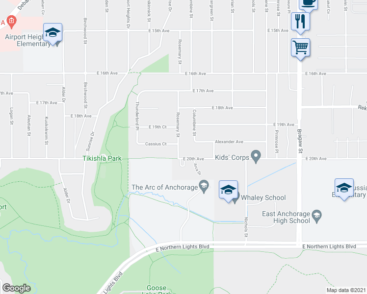 map of restaurants, bars, coffee shops, grocery stores, and more near 1945 Rosemary St in Anchorage