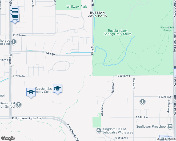 map of restaurants, bars, coffee shops, grocery stores, and more near 4670 Reka Drive in Anchorage