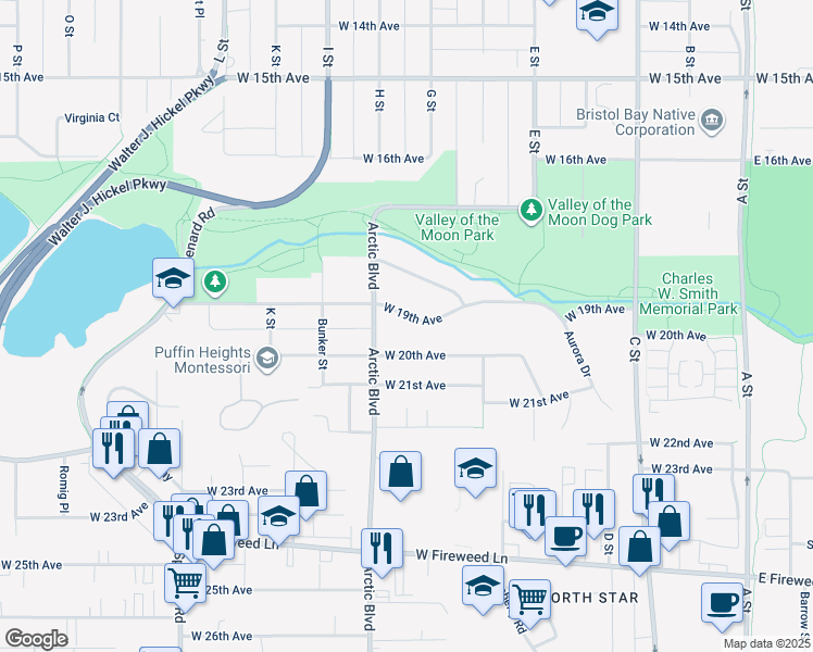 map of restaurants, bars, coffee shops, grocery stores, and more near 720 West 19th Avenue in Anchorage