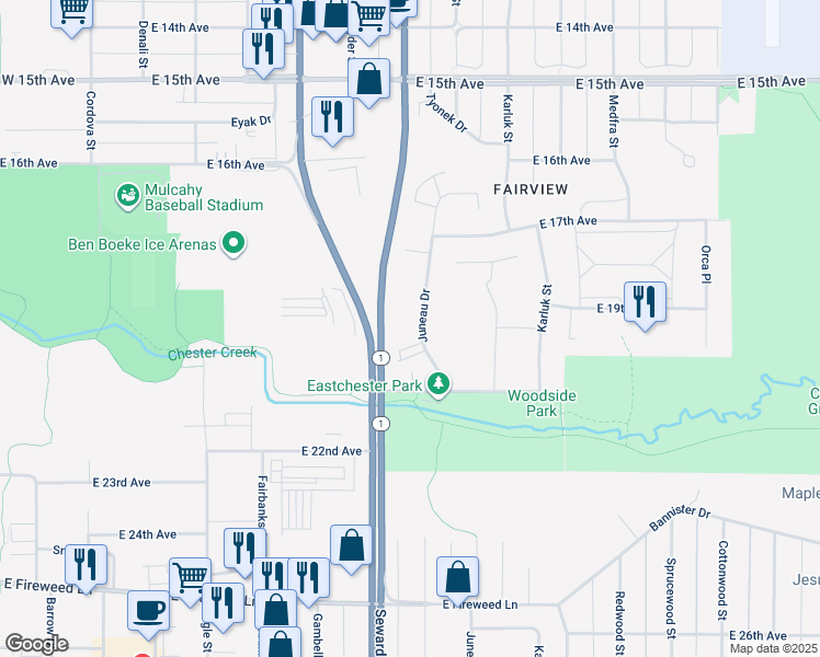 map of restaurants, bars, coffee shops, grocery stores, and more near 1918 Juneau Drive in Anchorage