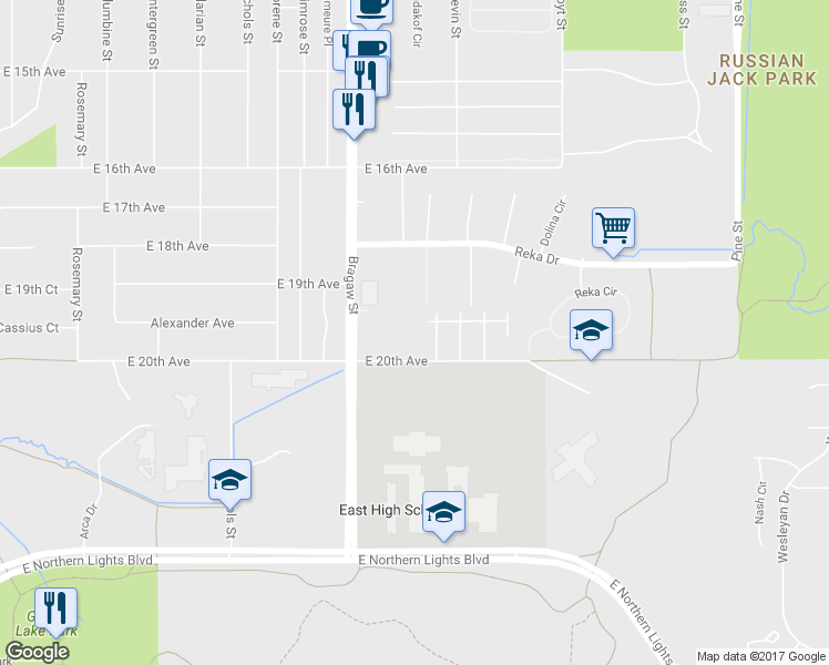 map of restaurants, bars, coffee shops, grocery stores, and more near 3901 E 20th Ave in Anchorage