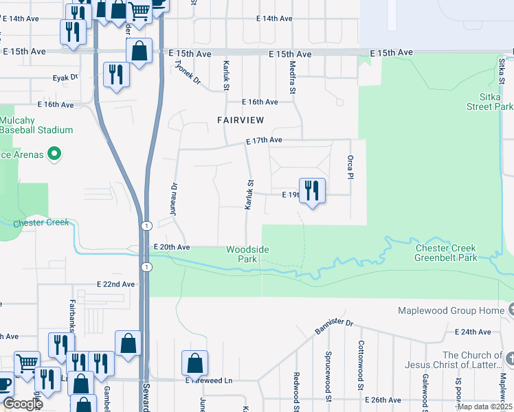 map of restaurants, bars, coffee shops, grocery stores, and more near 1917 Karluk Street in Anchorage