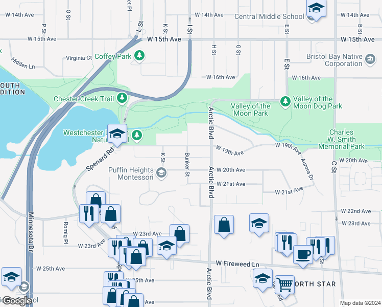 map of restaurants, bars, coffee shops, grocery stores, and more near 1903 Bunker Street in Anchorage