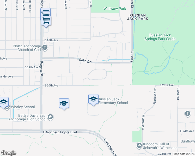 map of restaurants, bars, coffee shops, grocery stores, and more near 4364 Reka Drive in Anchorage