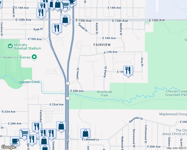 map of restaurants, bars, coffee shops, grocery stores, and more near 907 E 20th Ave in Anchorage