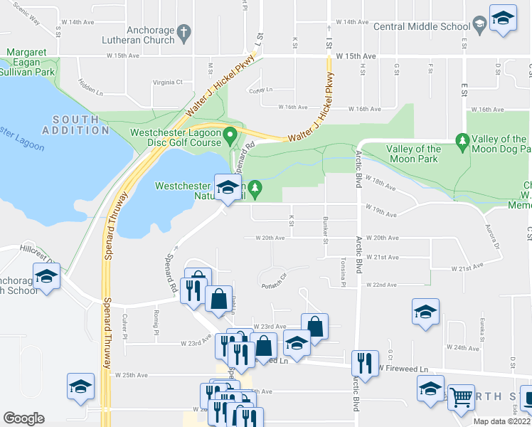 map of restaurants, bars, coffee shops, grocery stores, and more near 1040 West 19th Avenue in Anchorage