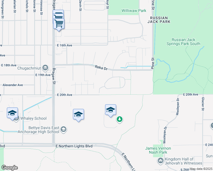 map of restaurants, bars, coffee shops, grocery stores, and more near 4364 Reka Drive in Anchorage