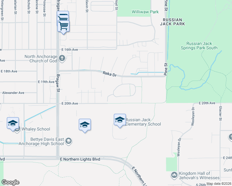map of restaurants, bars, coffee shops, grocery stores, and more near 4358 Reka Drive in Anchorage