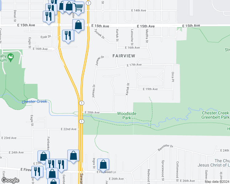 map of restaurants, bars, coffee shops, grocery stores, and more near 907 East 20th Avenue in Anchorage