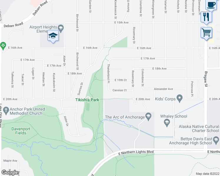 map of restaurants, bars, coffee shops, grocery stores, and more near 1925 Thunderbird Place in Anchorage