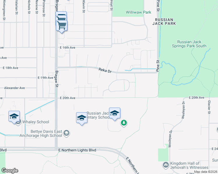 map of restaurants, bars, coffee shops, grocery stores, and more near 4358 Reka Drive in Anchorage